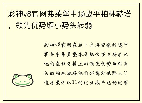 彩神v8官网弗莱堡主场战平柏林赫塔，领先优势缩小势头转弱