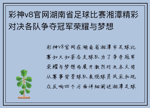 彩神v8官网湖南省足球比赛湘潭精彩对决各队争夺冠军荣耀与梦想